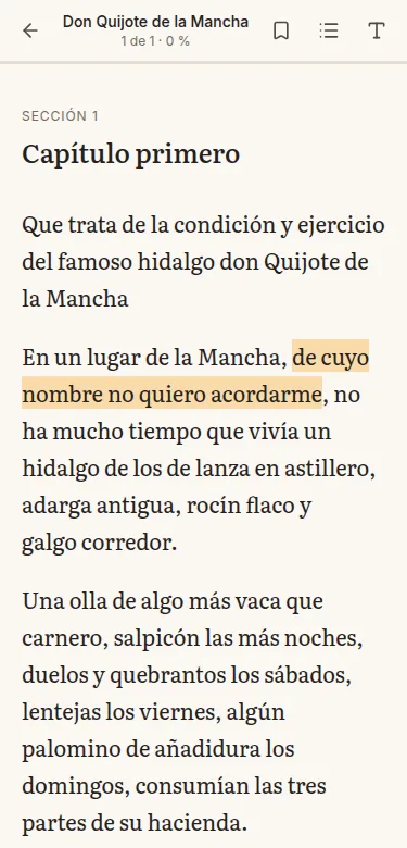 El lector de Edubba con el primer capítulo del Quijote y una frase marcada